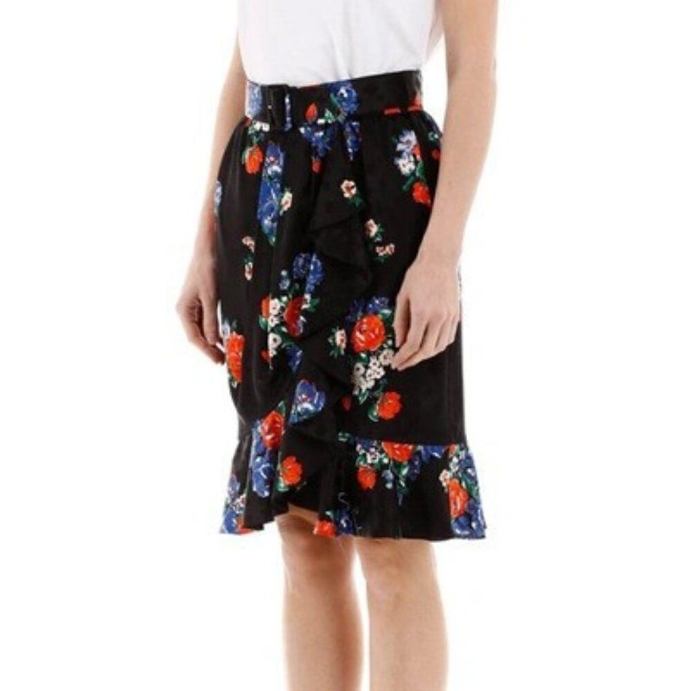 Tory Burch Floral SILK WRAP RUFFLE SKIRT WITH BELT in Black - Size 4 - Picture 5 of 16
